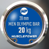 Premium barbell met dubbele knurling en glad middenstuk voor krachtsport zijkant close up 20kg