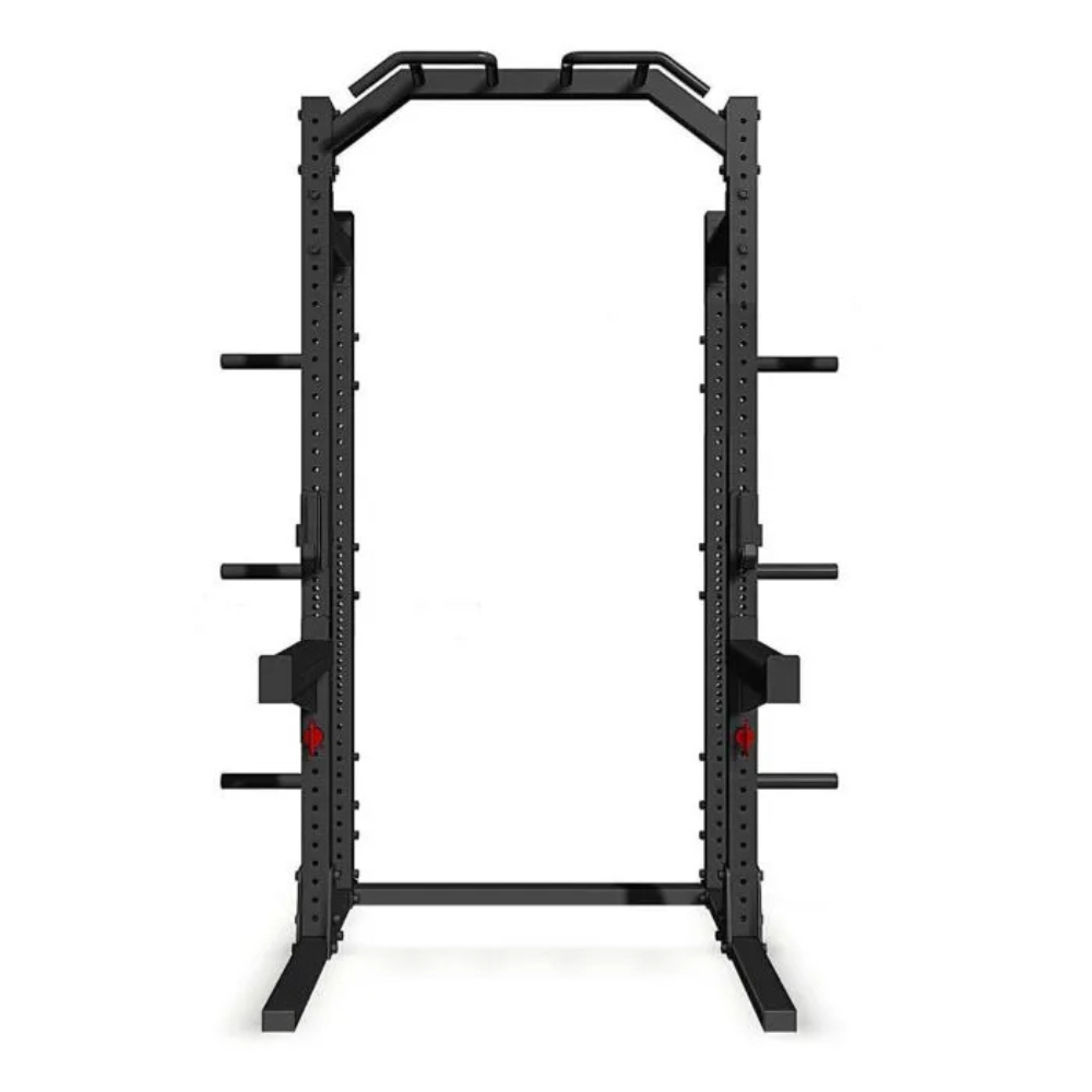 Squatrack met pull-up bar en halterstang in home gym