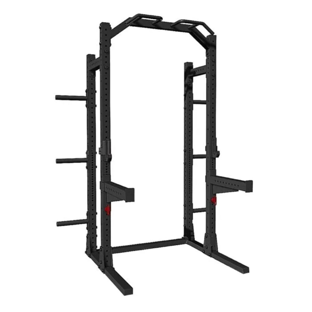 Zwart squat rack met plateholders en J-hooks detail