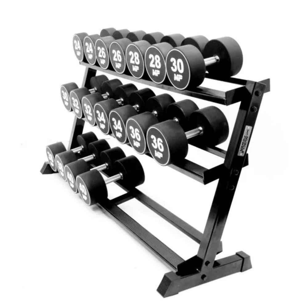 Dumbbellrek zwart 3-laags met dumbbells in home gym zijkant