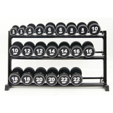 Dumbbellrek zwart 3-laags met dumbbells in home gym voorkant PU dumbbells