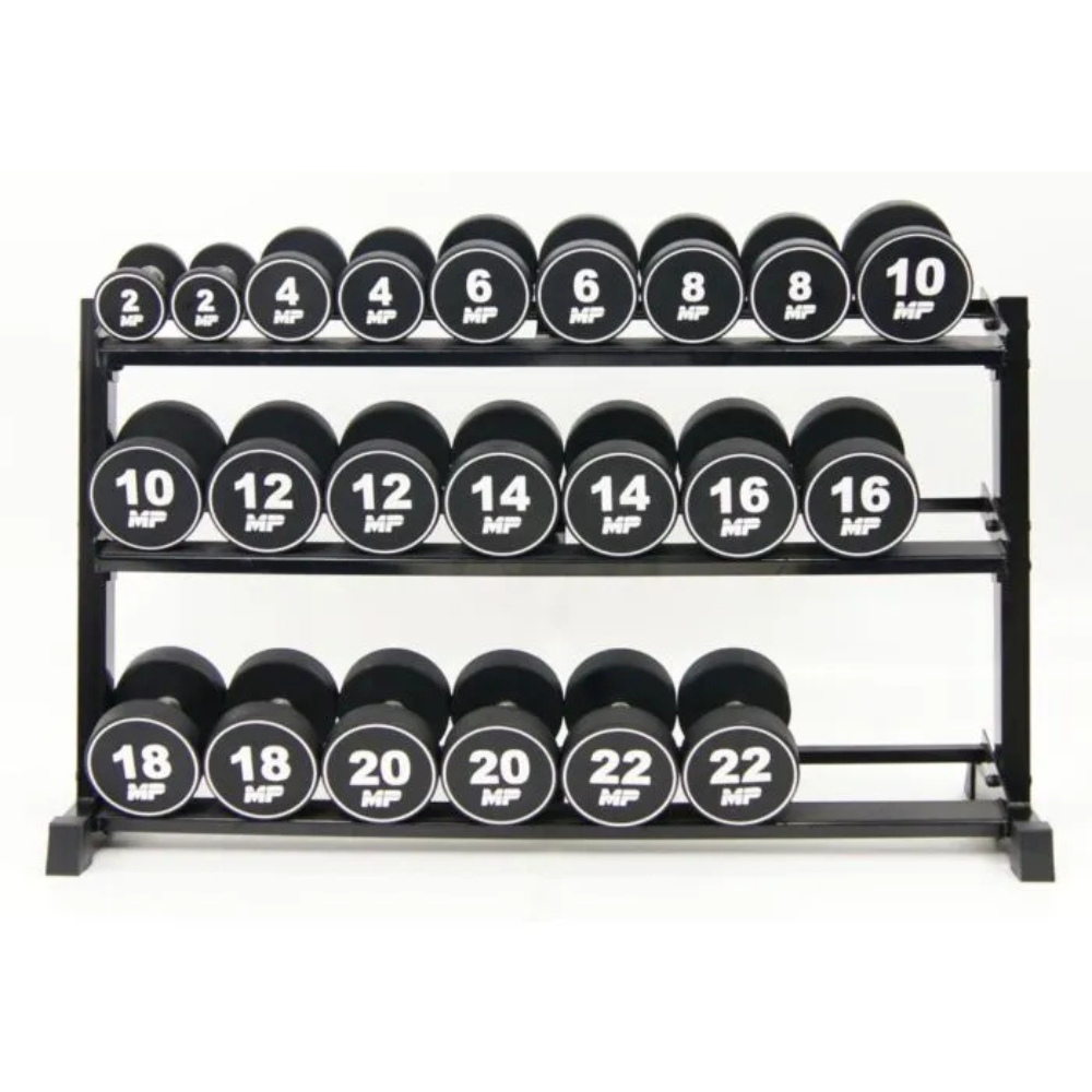 Dumbbellrek zwart 3-laags met dumbbells in home gym voorkant PU dumbbells
