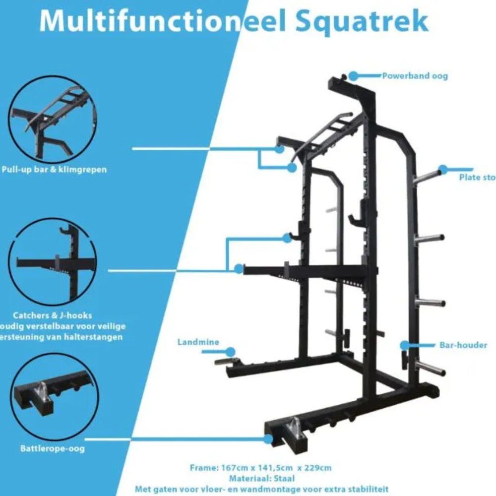 Muscle Power multifunctioneel squat rack MP2391 met pull-up en krachttraining setup informatie