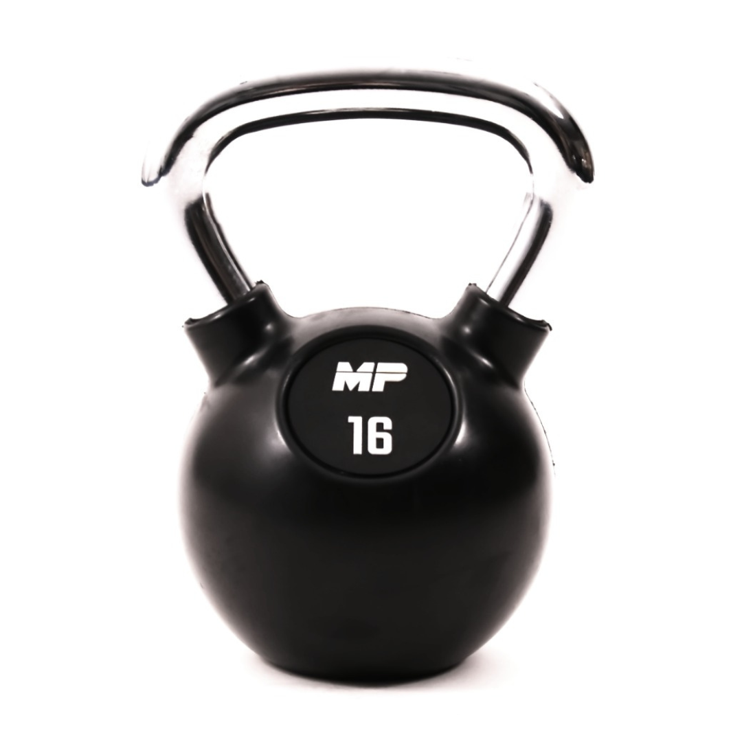 Rubber chrome kettlebell zwart in home gym 16kg