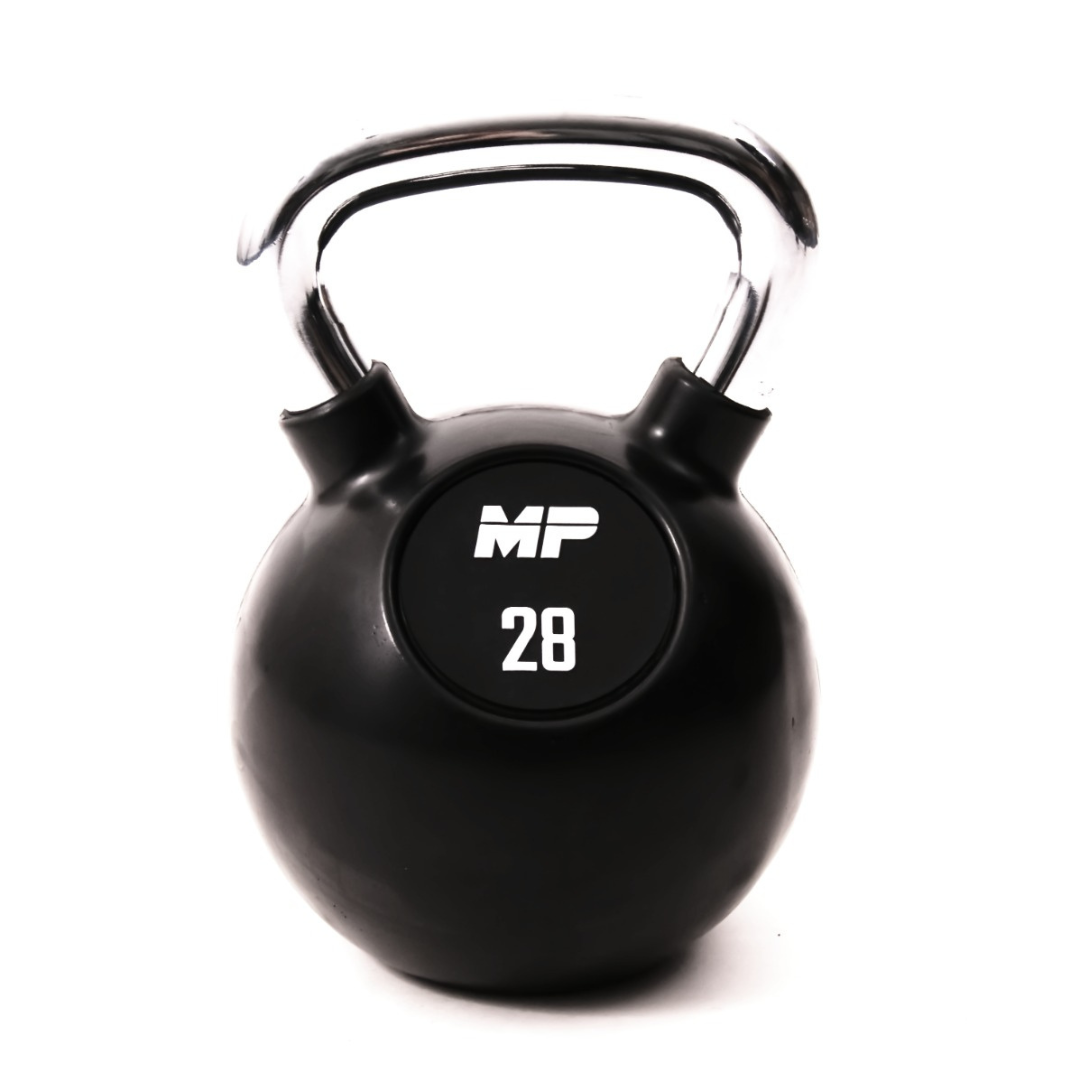 Rubber chrome kettlebell zwart in home gym 28kg