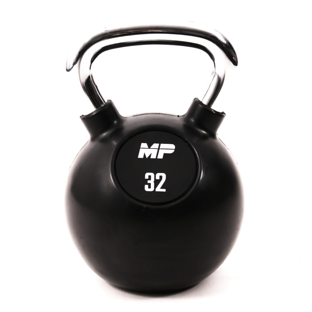 Rubber chrome kettlebell zwart in home gym 32kg