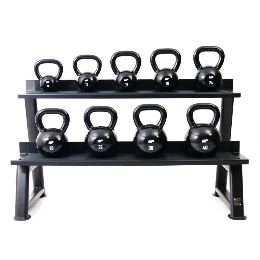 Opbergrek kettlebells zwart met twee lagen en rubber bescherming